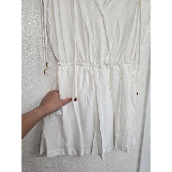 Hyfve White Romper Ruched Shoulders Tassel Ties Pockets Lined V-Neck Boho Chic M - Picture 3 of 13